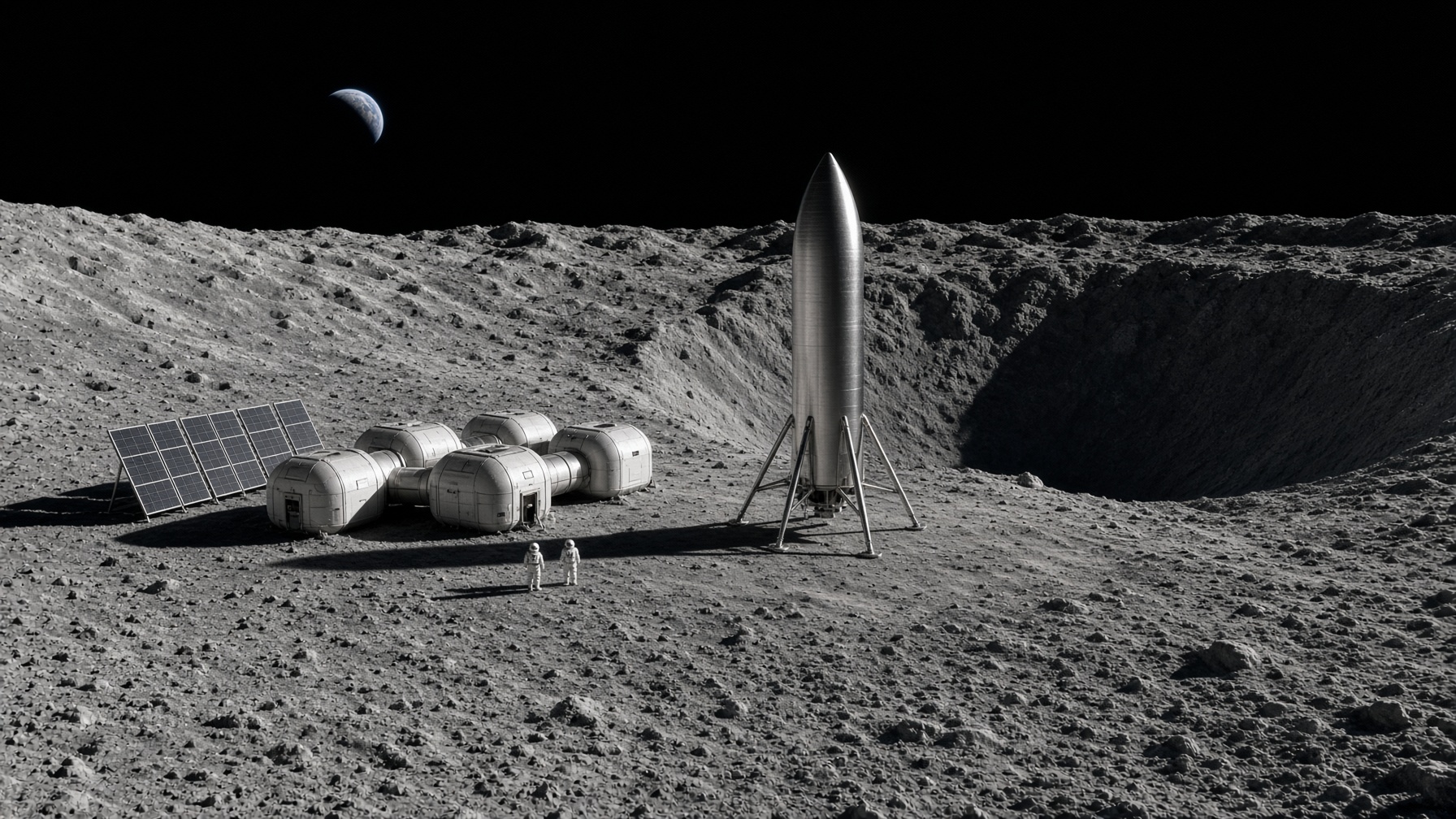 White habitat modules and a stainless ship on the lunar surface, Earth low on the horizon.