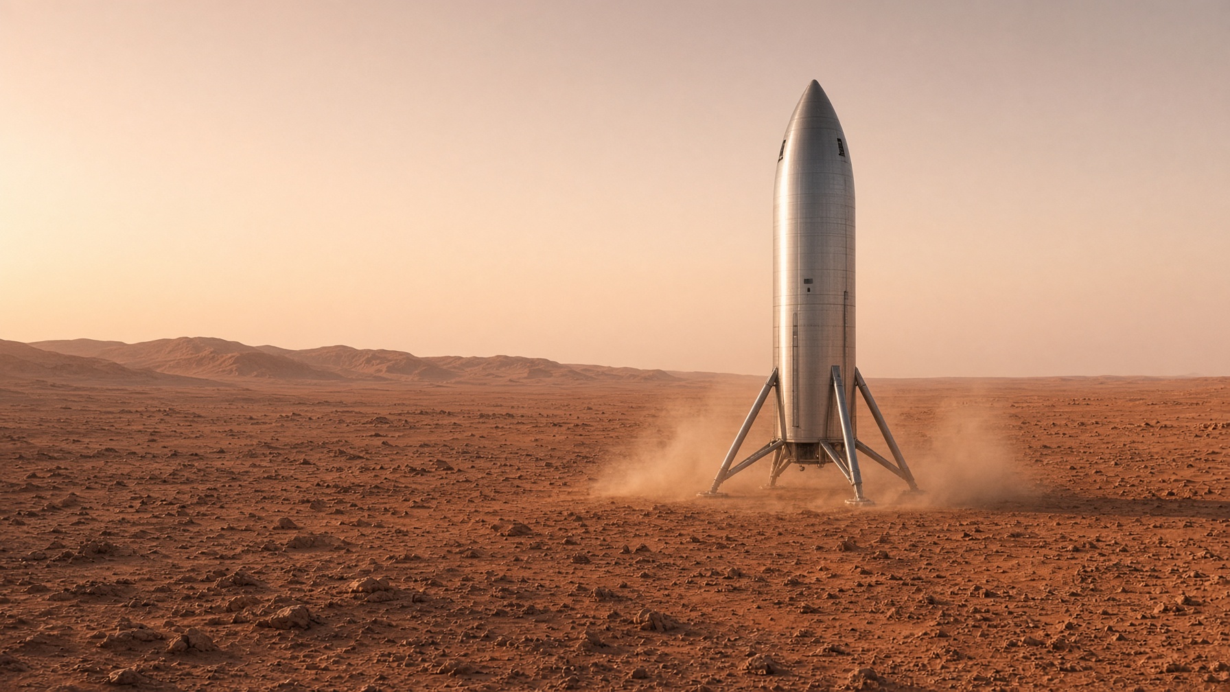 The stainless rocket standing on a rust Martian plain at dawn.