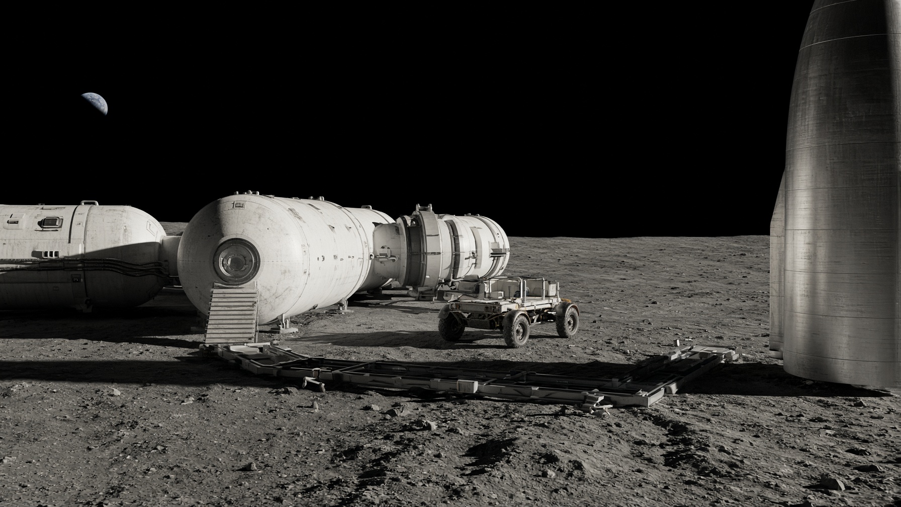 Close view of lunar habitats, a rover, and the base of a stainless rocket.