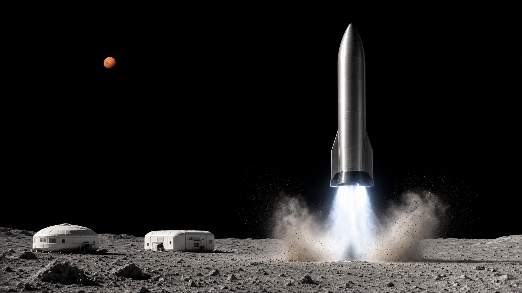 A stainless rocket climbing from the Moon on a bright plume, habitats in the foreground.